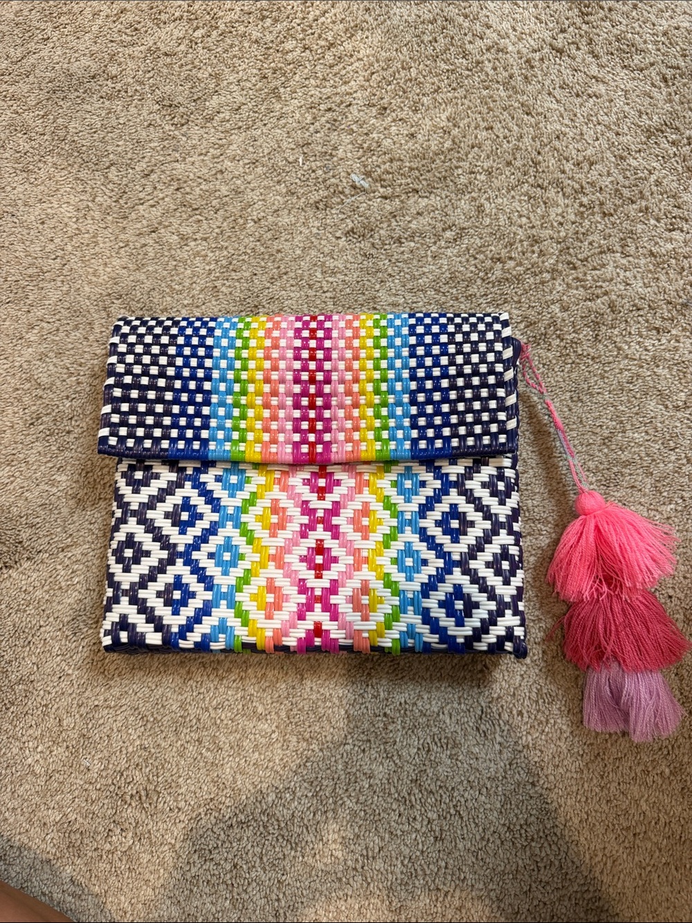 Handwoven Navy Clutch with Multicolor Stripe and Pink Tassel